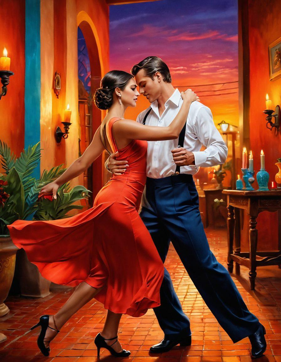 A passionate couple dancing tango in a lively Latin theme, surrounded by vibrant colors and cultural symbols such as maracas and candles. The background features a soft glow of a sunset to evoke romance and desire, while elements of traditional Latin decor enhance the atmosphere. Emphasize the emotional connection between the lovers, capturing the heat of the moment. vibrant colors. semi-realistic. warm tones.