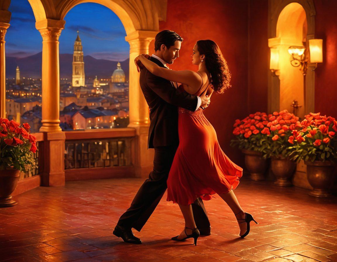 A passionate couple dancing the tango in a vibrant, atmospheric setting, radiating warmth and connection. Surround them with exotic flowers and soft candlelight, evoking romance and allure. Integrate rich, bold colors like deep reds and golds. The background features a subtle hint of a Latin cityscape under a twilight sky. super-realistic. vibrant colors.